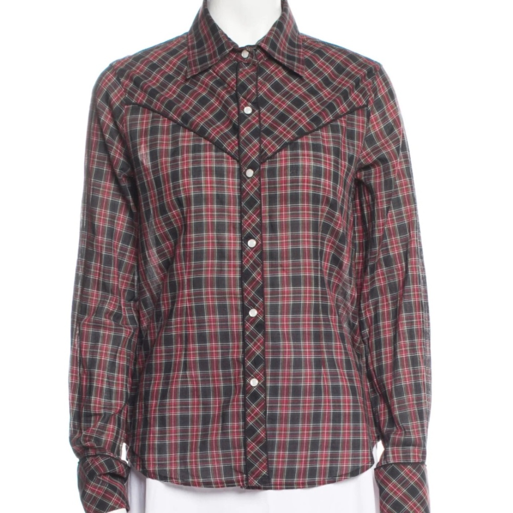 Nili Lotan Women’s Ada Checked Plaid Cotton Western Rodeo Shirt w/ Pearl Snaps M